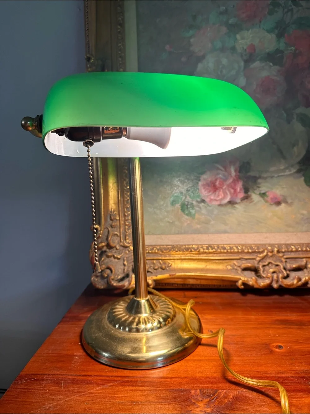 Vintage Green Glass and Brass Banker's Desk Lamp